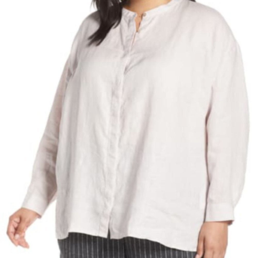 Eileen Fisher Ceramic Mandarin Collar Boxy Organic Linen Shirt